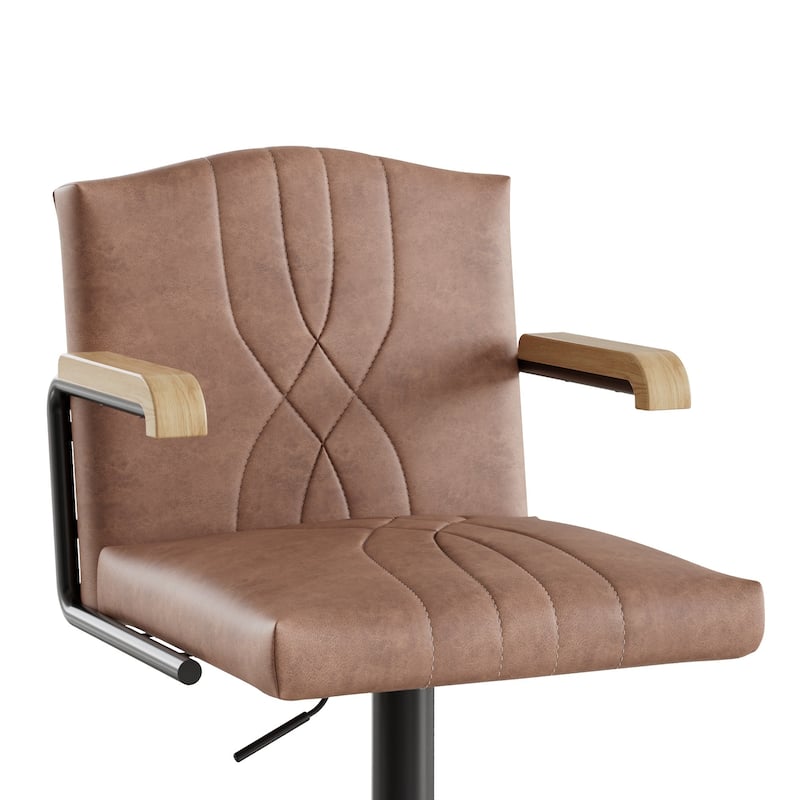 Javlergo 2-Piece & 4-Piece Adjustable Height Bar Chairs Brown PU Leather with Wave Pattern Armrests Black Base with Arc Footrest