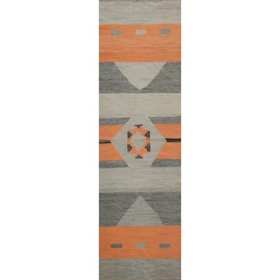 Hand Woven Oriental 100% Wool Carpet Southwestern Modern Greys & Charcoal Kilim Runner Rug - 11' 7'' X 2' 8''