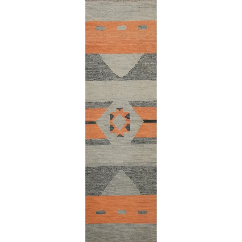 Hand Woven Oriental 100% Wool Carpet Southwestern Modern Greys & Charcoal Kilim Runner Rug - 11' 7'' X 2' 8''