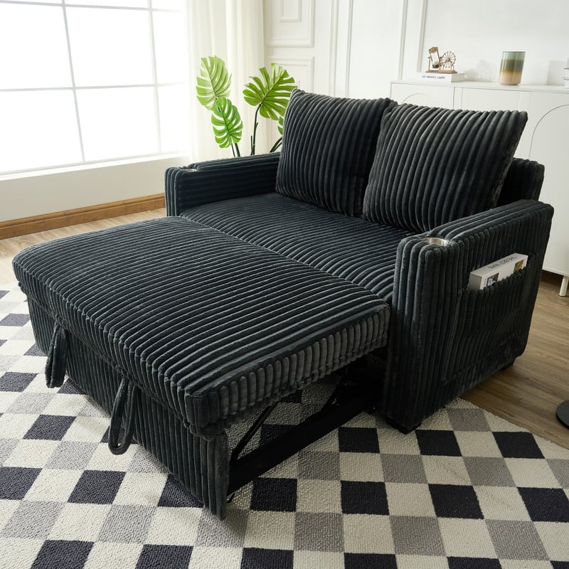 Corduroy Sleeper Sofa w/ USB Ports, Convertible Pull-Out Sofa Bed, Modern Sleeper Couch Loveseat w/ 2 Pillows & Pocket