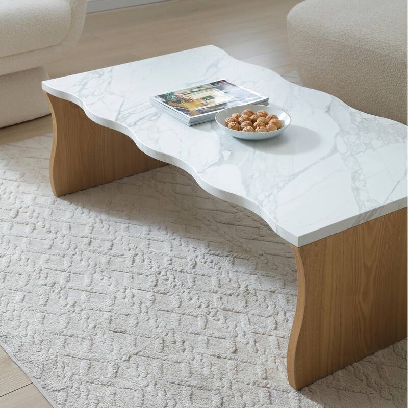 47.24" Whisper of Waves Modern Coffee Table, White Faux Marble Table Top, Solid Wood Veneered Base, Accent Table