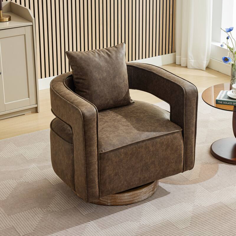 Modern Swivel Chair,PU leather Barrel Chair with Wooden Base and pillow