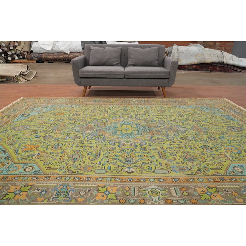 Hand Knotted Oriental 100% Wool Carpet Traditional Floral Green Tabriz Area Rug - 11' 2'' X 7' 10''