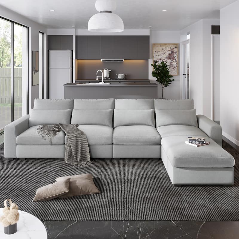 129.9" Chenille L-Shaped Sectional Sofa with Feather Cushions
