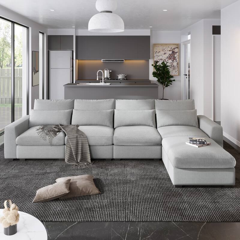 Modern Large L-Shape Feather Filled Sectional Sofa Convertible Sofa Couch
