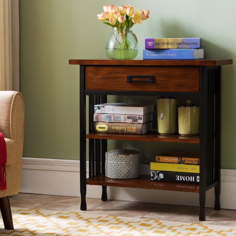 Leick Furniture Ironcraft Mission Oak Foyer Bookcase w/ Drawer Storage - Brown
