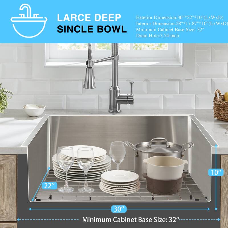 30 in. Drop-In/Undermount Single Bowl 16 Gauge Brushed 304 Stainless Steel Kitchen Sink with Accessories