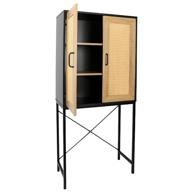 Elegant Tall Storage Cabinet with 2 Rattan Doors,X-Shaped Supporting Bars