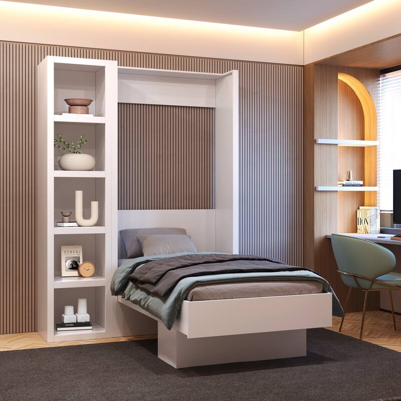 Easy-Lift Twin Murphy Wall Bed in with Bookshelf - White