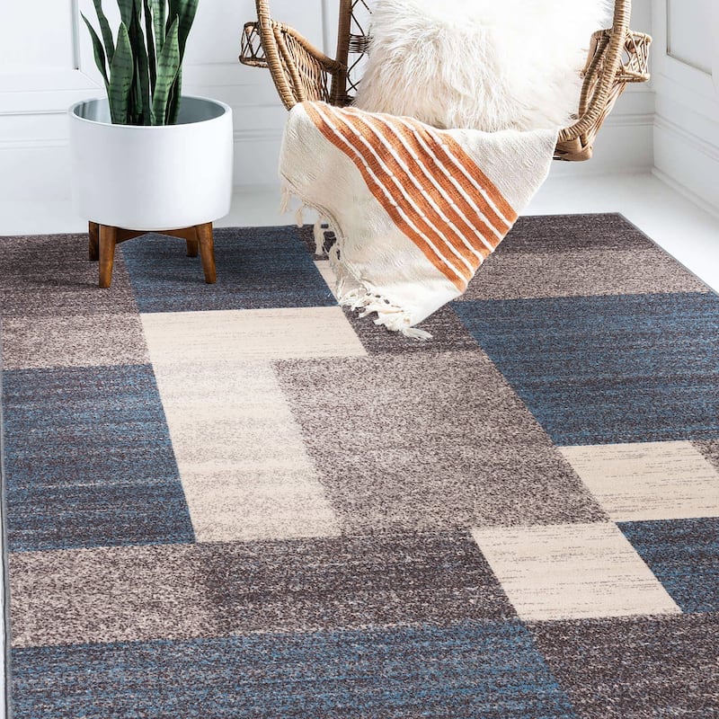 World Rug Gallery Modern Boxes Design Non-slip (Non-skid) Area Rug - 3' 3" x 5' - Blue