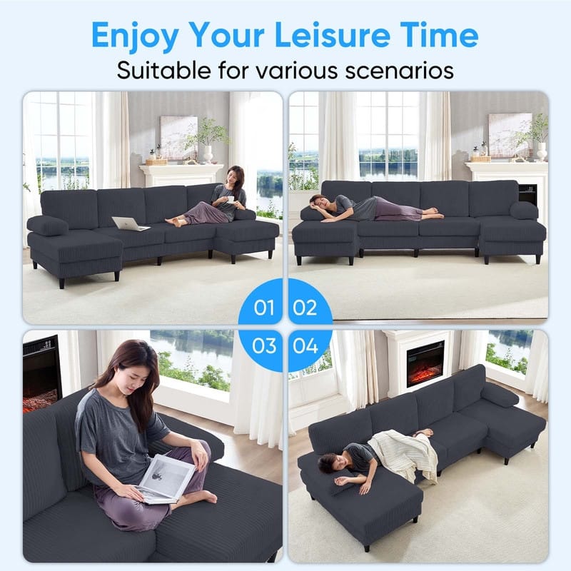 Mixoy W110"U-Shaped Sectional Sofa Couches with Double Chaises and Sleepable Armrests,Corduroy Upholstered 4-Seater Sofa