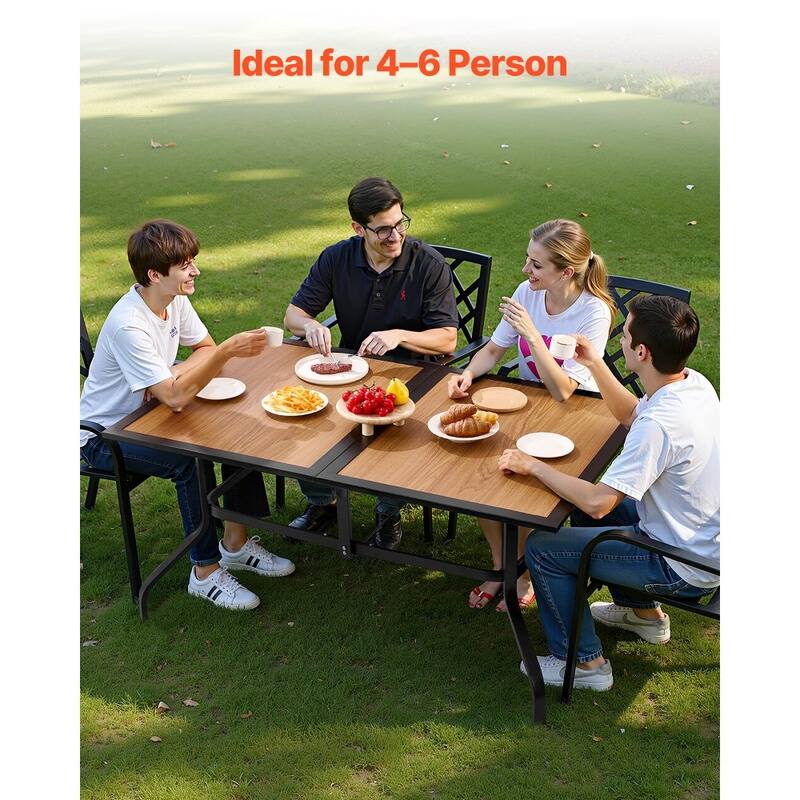 Outdoor Patio Dining Table Brown Wood Grain Carbon Steel Weather Resistant Table with Umbrella Hole - 59x38x29 in