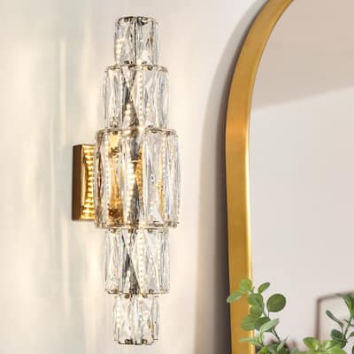 Modern Gold 1-Light LED Crystal Wall Sconce Cylinder Bathroom Vanity Light - W 6.8" x H 20"