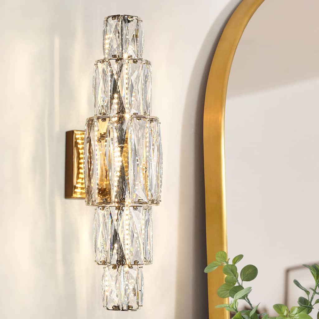 Modern Gold 1-Light LED Crystal Wall Sconce Cylinder Bathroom Vanity Light - W 6.8" x H 20"