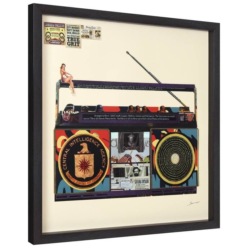 "CIA Boombox" Alex Zeng's signed Hand-made Dimensional Wall Art Collage, under glass and a black shadow box frame