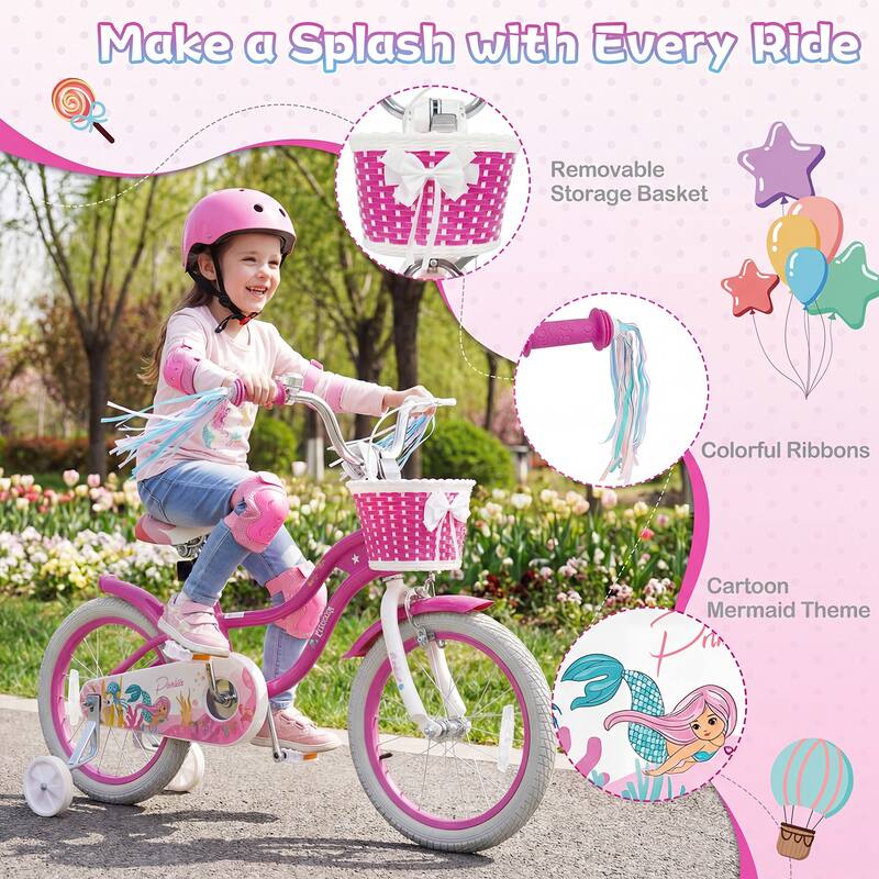 Gymax 16'' Kids Bike w/Training Wheels Hand Coaster Brakes Adjustable - Rose Red