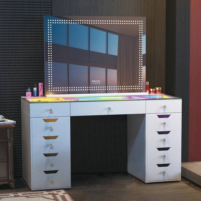 Hollywood 32'' x 23'' Vanity Makeup Mirror With LED Beads Wall Mount Bluetooth Speaker White