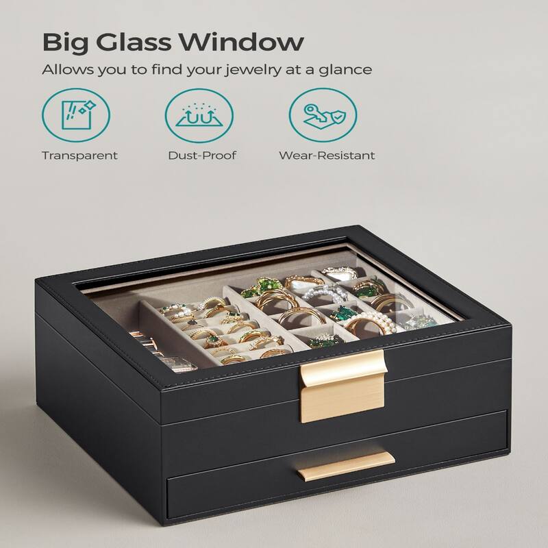Modern Jewelry Organizer with Multiple Drawers Glass Top and Velvet Interior for Storage