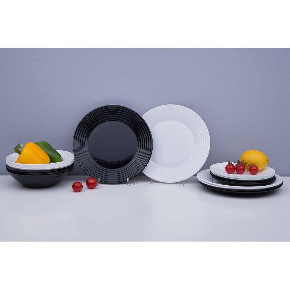 Luminarc Harena 18 Piece. Glass Black White Dinnerware Set for 6