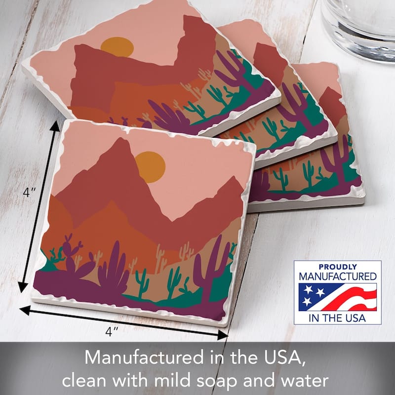 Southwest Palette 4-Pack Absorbent Stone Coasters with Protective Cork Backing 4" Square Made in The USA Easily Wipes Clean