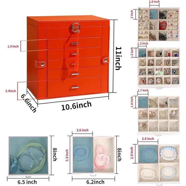 6 Layer Large Jewelry Organizer With Mirror - 6.6"D x 10.6"W x 11"H