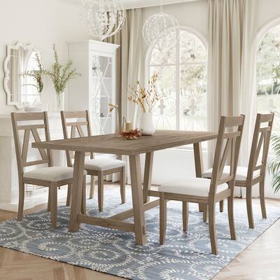 Oaks Aura Large 5-Piece Rustic Wood Dining Table Set,70inch Table and 4 Upholstered Dining Chairs