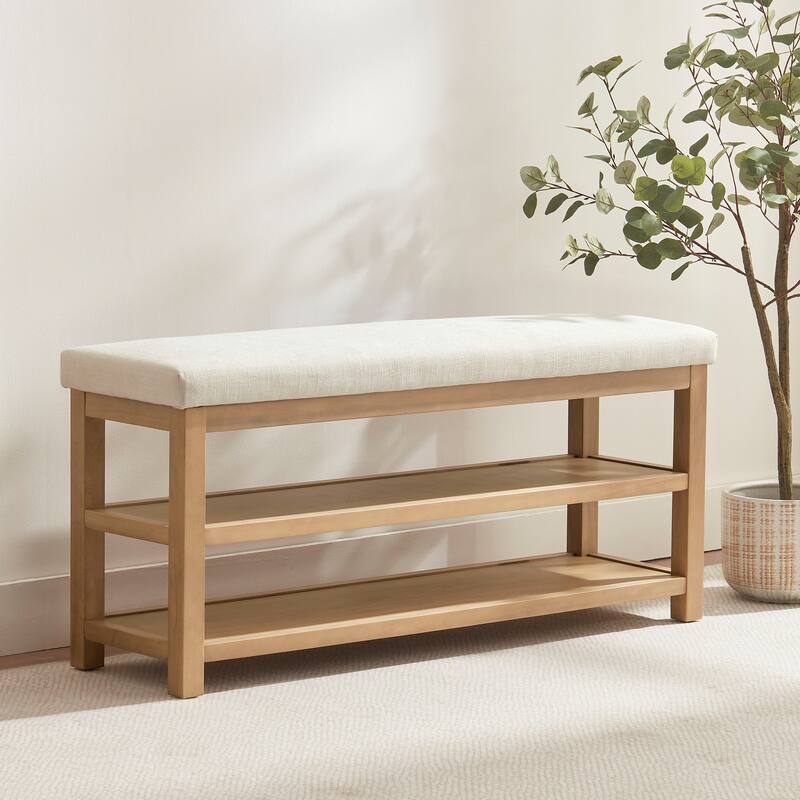 HUIMO Multi-Functional Solid Wood Bench with Storage Shelves 46in