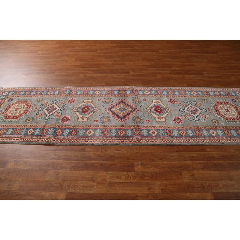 Traditional Geometric Kazak Oriental Grey Wool Runner Rug Hand-knotted - 2'8" x 9'9"