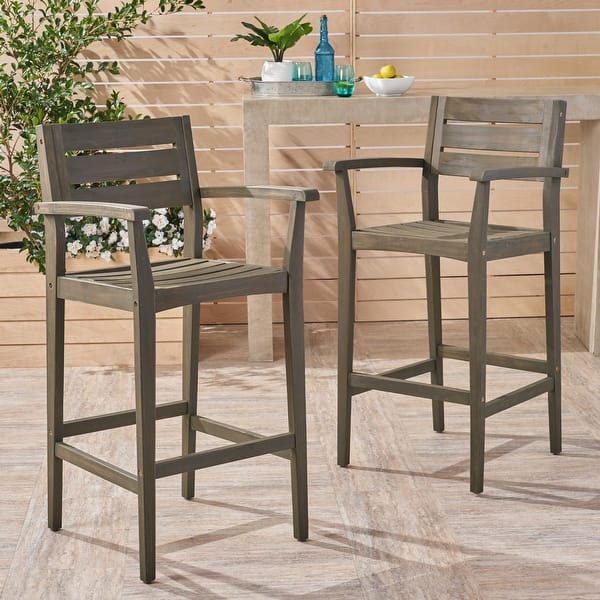 slide 2 of 13, Stamford Outdoor Rustic Acacia Wood Barstool (Set of 2) by Christopher Knight Home Grey