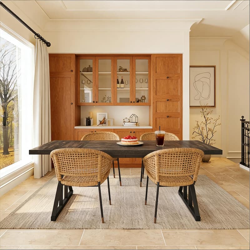 Dining Table for 6, Wood Kitchen Table with Trestle Base, Kitchen Table Meeting Table with X-shaped Accents