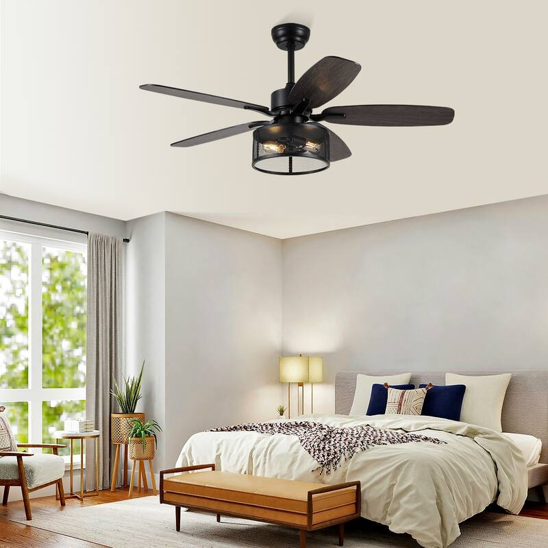 56 Inch Ceiling Fan with Caged Light and Plywood Blades for Farmhouse Living Room Bedroom