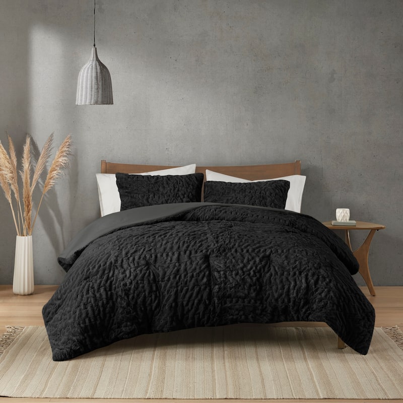 Madison Park Dakota Ruched Fur Down Alternative Comforter Set - Black - Full - Queen