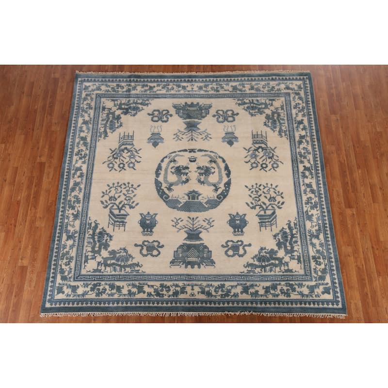 Art Deco Indian Square Rug Hand-Knotted Wool Carpet - 8'1" x 7'11"