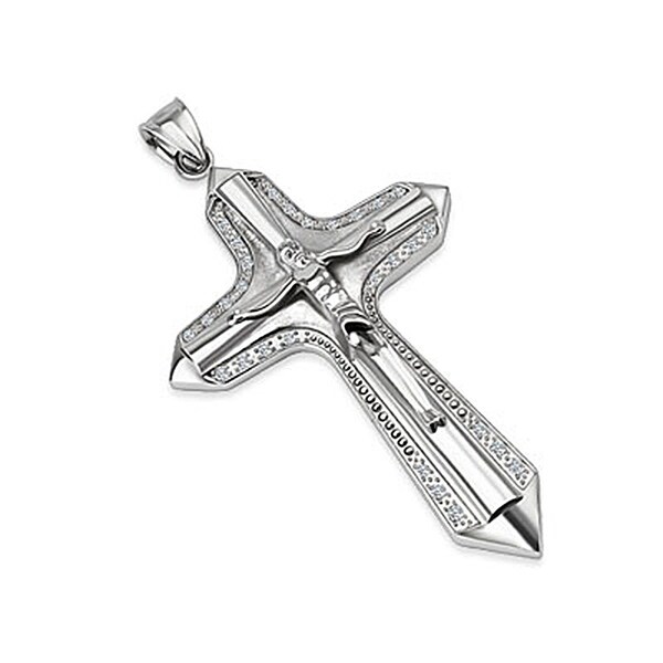 Stainless Steel Paved Gem Bored Crucifix Cross Pendant (45 mm Width)