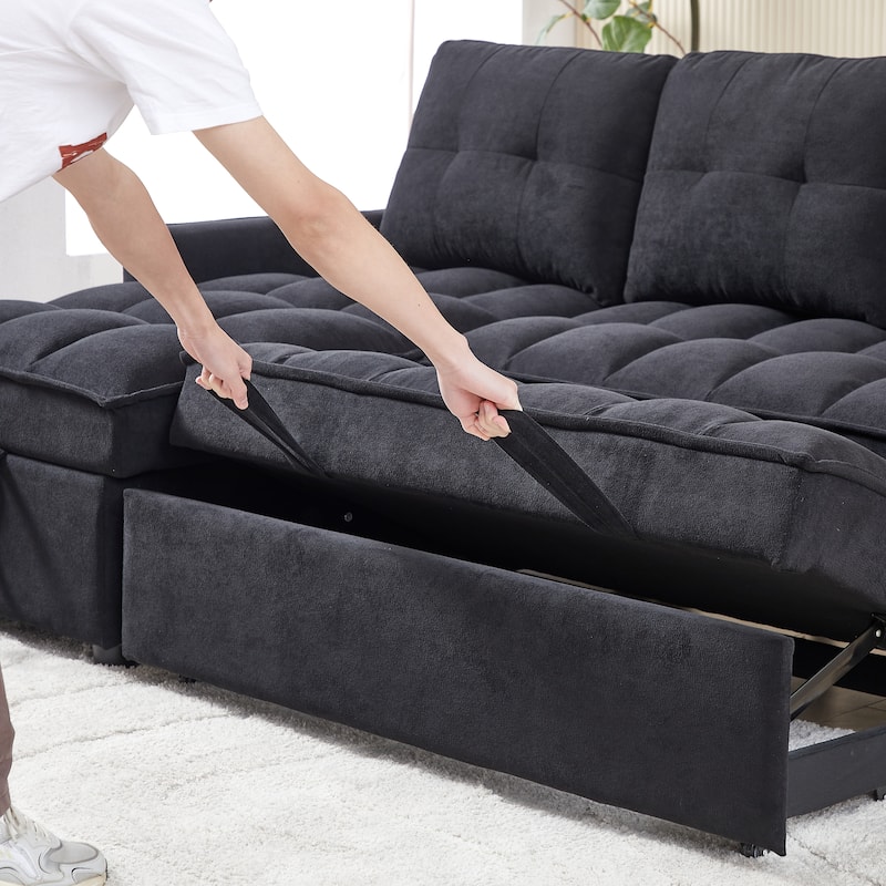 L-shaped Reclining Sofa Chenille Sectional Sofa with Storage Chaise, Pull Out Sleeper Bed, Charging Station and Side Pockets