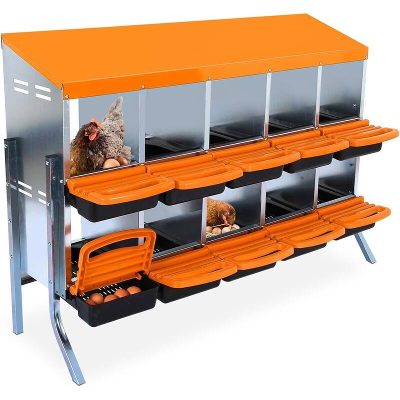 10-Hole Metal Chicken Nesting Box or Easy Cleaning with Legs - Orange 10 Compartments with Legs