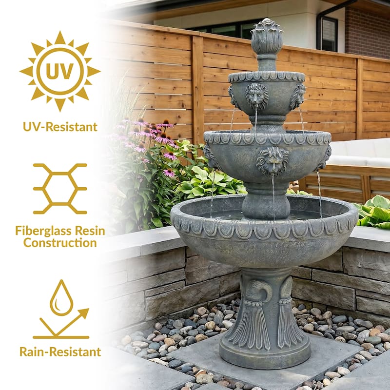 Sunnydaze Lion Head 3-Tier Outdoor Water Fountain with Electric Pump - 53"