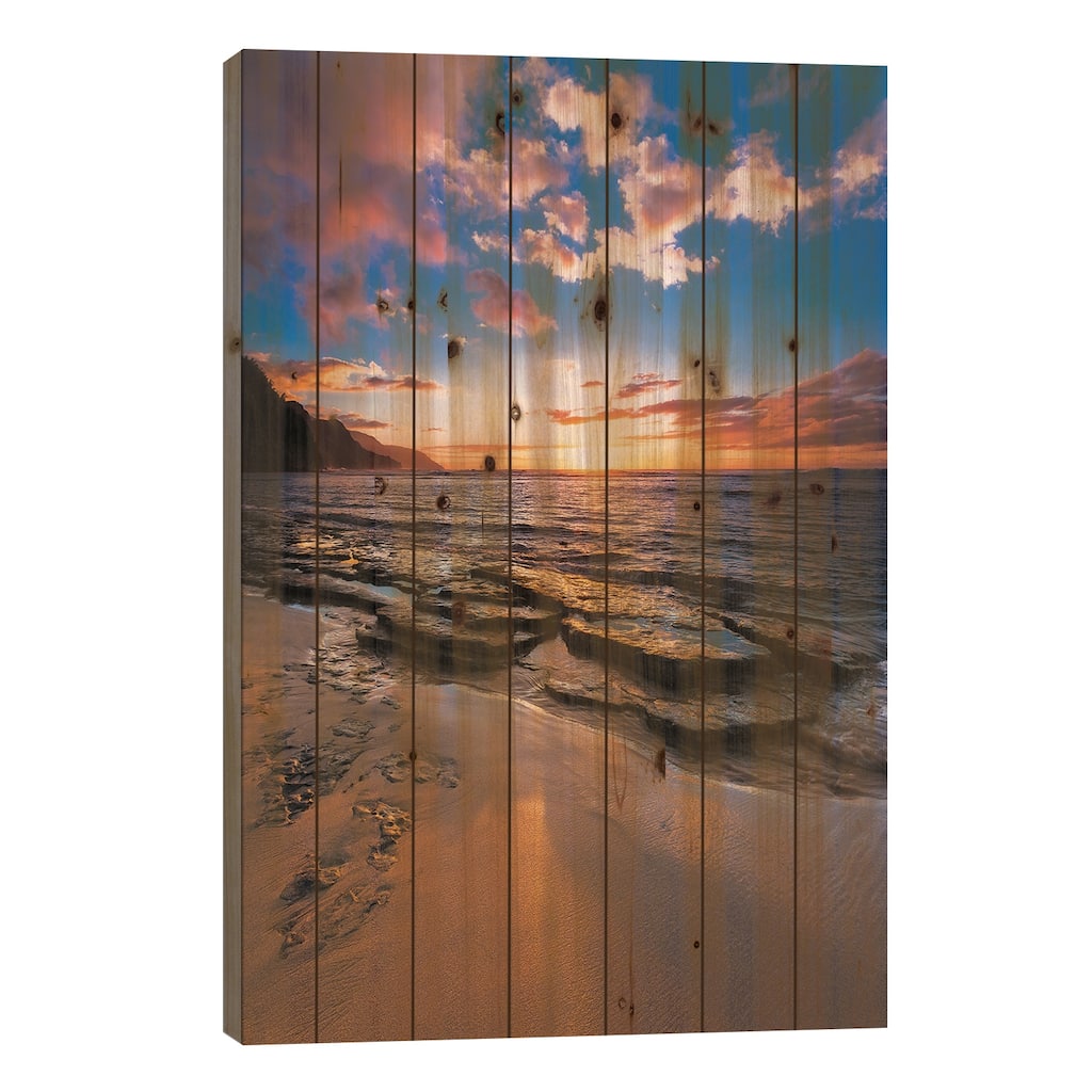 Sunset over the Na Pali Coast from Ke'e Beach, Haena State Park, Kauai, Hawaii, USA II Print On Wood by Russ Bishop