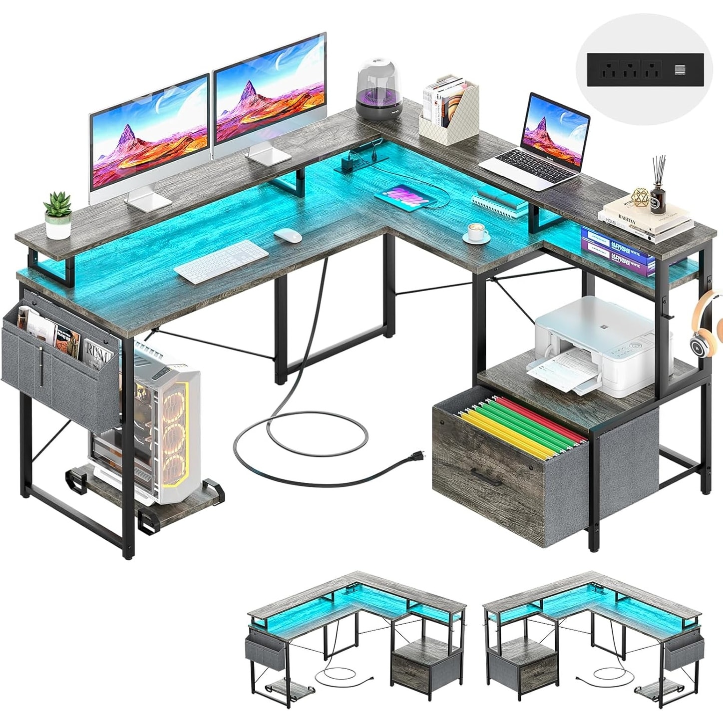 Reversible L-Shaped Desk with Power Outlet, LED Lights, File Drawer, and Monitor Shelf for Home Office or Gaming