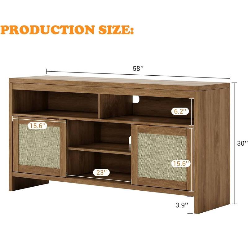 58" Rattan TV Stand for TVs up to 65", Boho Style Entertainment Center - N/A