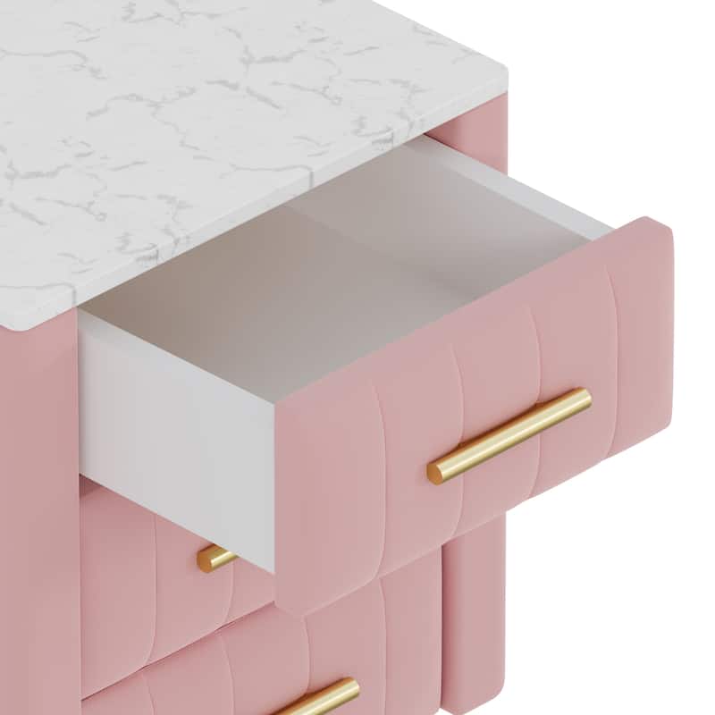 Velvet Nightstand with Storage, Round /Square Bedside Table with 3 Drawers, Metal Handles,Marbling Stickers Top