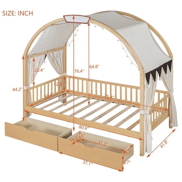 dimension image slide 1 of 3, Wooden Twin Size Bed With Arched Roof and 2 Drawers