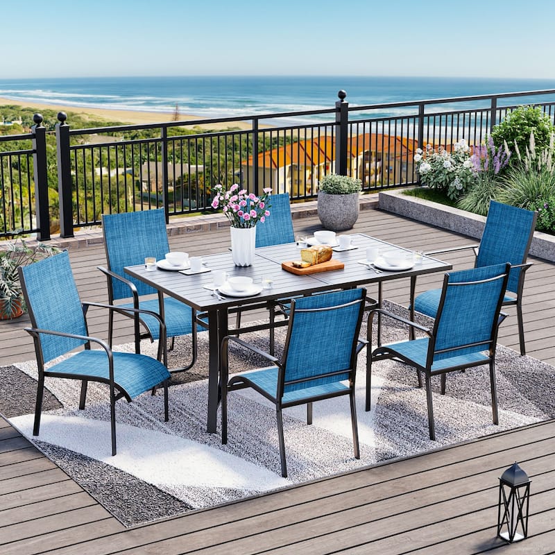 5/7/9-Piece Outdoor Patio Dining Set with Stackable Textilene Chairs and Slatted Table, Furniture with Adjustable Umbrella Hole - 7 Piece - Blue