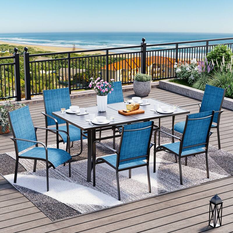Patio Dining Set with Textilene Chairs / Swivel Rockers, Table w Adjustable Umbrella Hole - 7 Piece - Blue