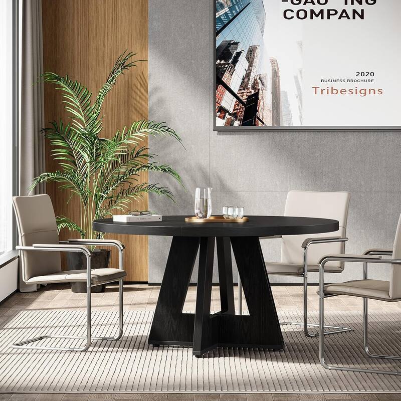 47" Round Conference Table Meeting Room Table with Thickened Top Wood Base Modern Training Desk for Conference/Seminar Room