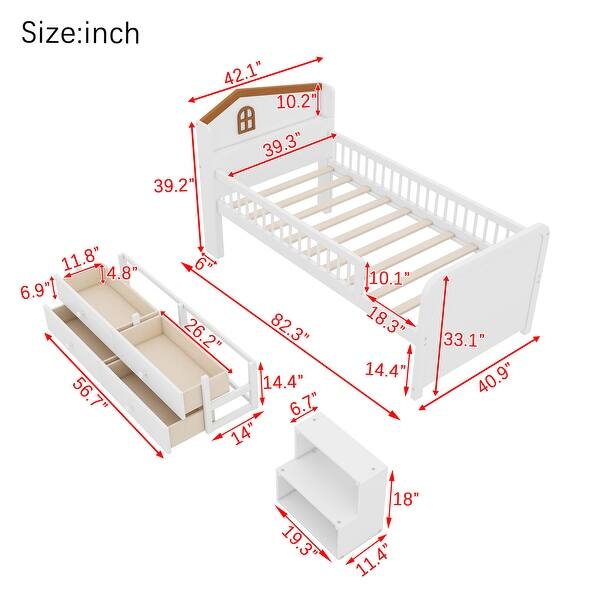 dimension image slide 0 of 2, Wooden Twin Size Low Loft Bed with House Shape Headboard Built-in LED Lights, Kids Storage Bed with Drawers and Storage Stairs