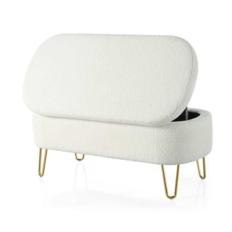 Oval Storage Bench for Living Room Bedroom End of Bed, Upholstered Storage Ottoman Entryway Bench With Metal Legs