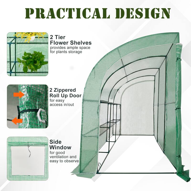 Outsunny 10' x 5' x 7' Outdoor Walk-In Tunnel Gardening Greenhouse with Windows and Doors & 2 Tiered 6 Wire Shelves, Green