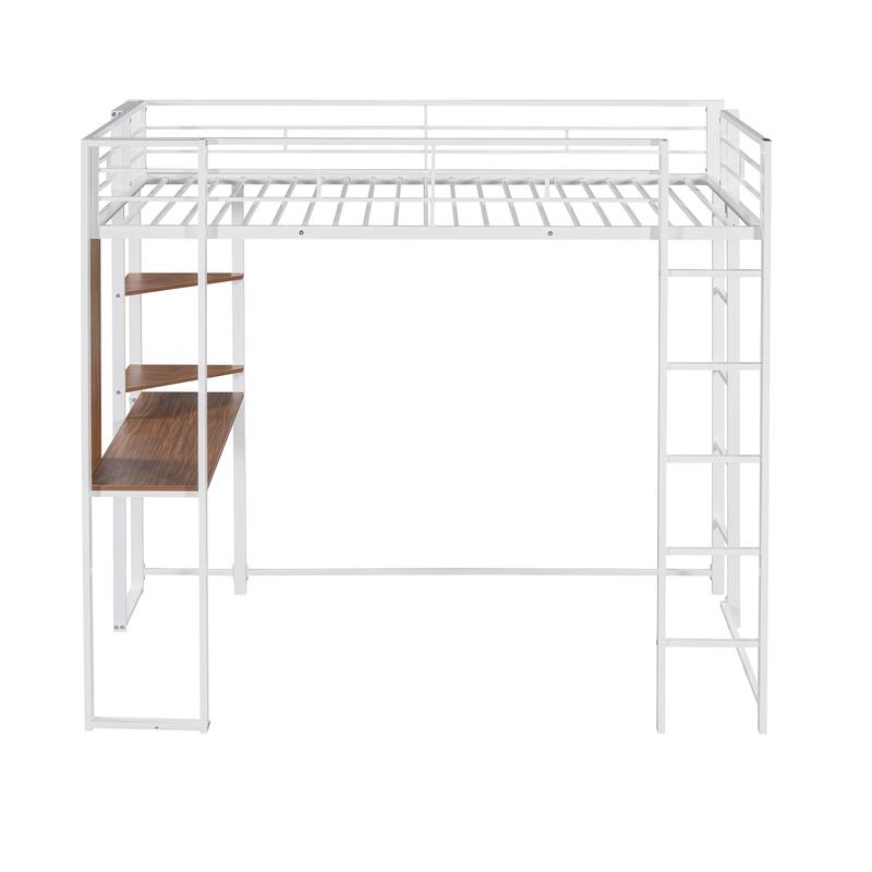 Twin Size Loft Bed with 2 Corner Shelves and MDF Desk, Metal Bed Frame with 2 Built-in Ladders and Safety Guardrails
