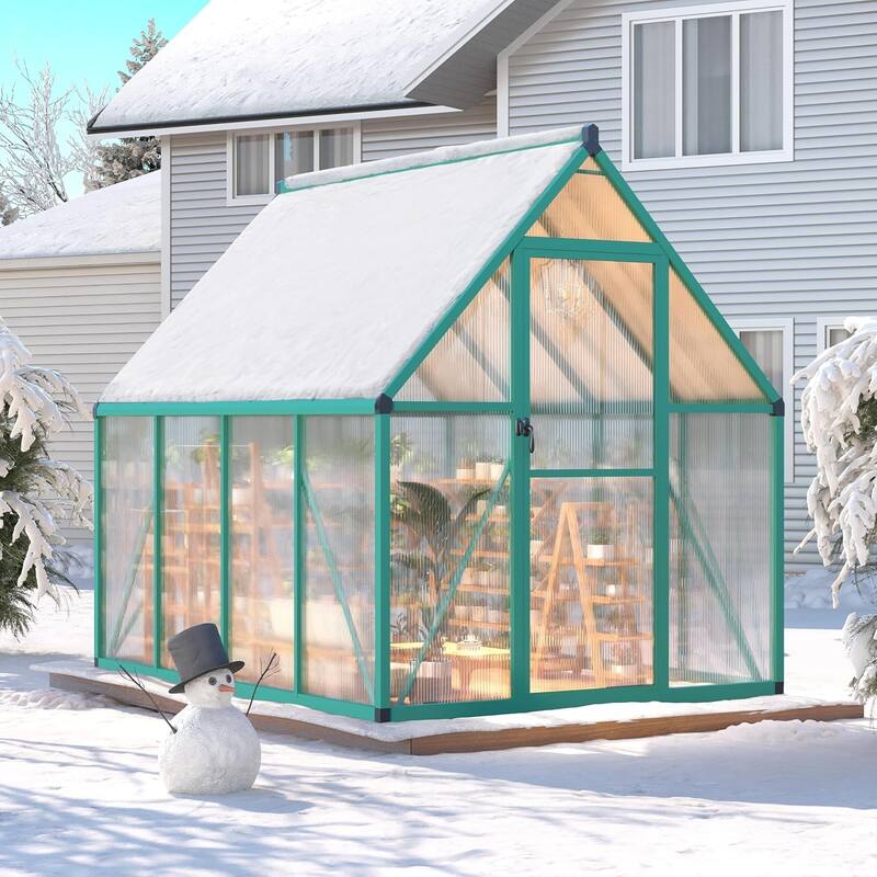 6 x 7 ft Greenhouse, Polycarbonate Walk-in Greenhouse with Aluminum Frame Green - 6*7FT